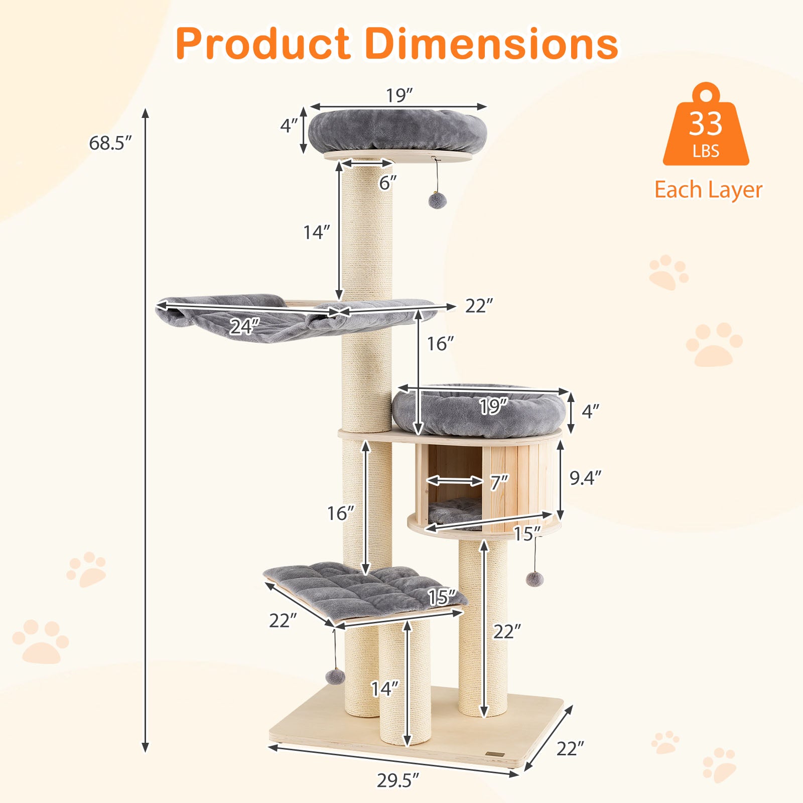 4-Layer 68.5-Inch Wooden Cat Tree, Sisal Posts, Gray Cat Trees Condos & Scratchers at Gallery Canada