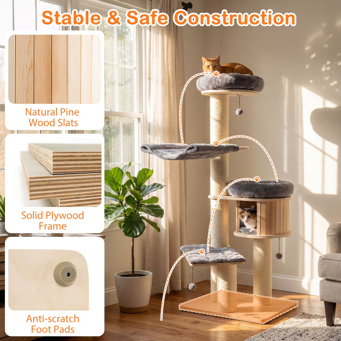 4-Layer 68.5-Inch Wooden Cat Tree, Sisal Posts, Gray Cat Trees Condos & Scratchers at Gallery Canada