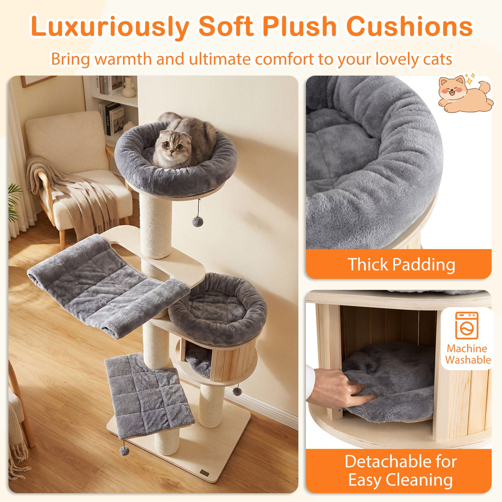 4-Layer 68.5-Inch Wooden Cat Tree, Sisal Posts, Gray Cat Trees Condos & Scratchers at Gallery Canada