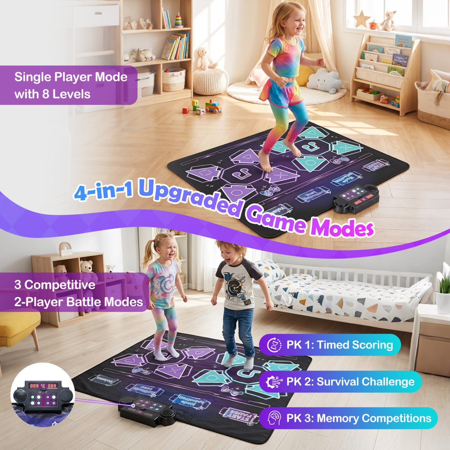 Tapis de danse électronique pour enfants, 4 modes, 8 niveaux, 8 chansons