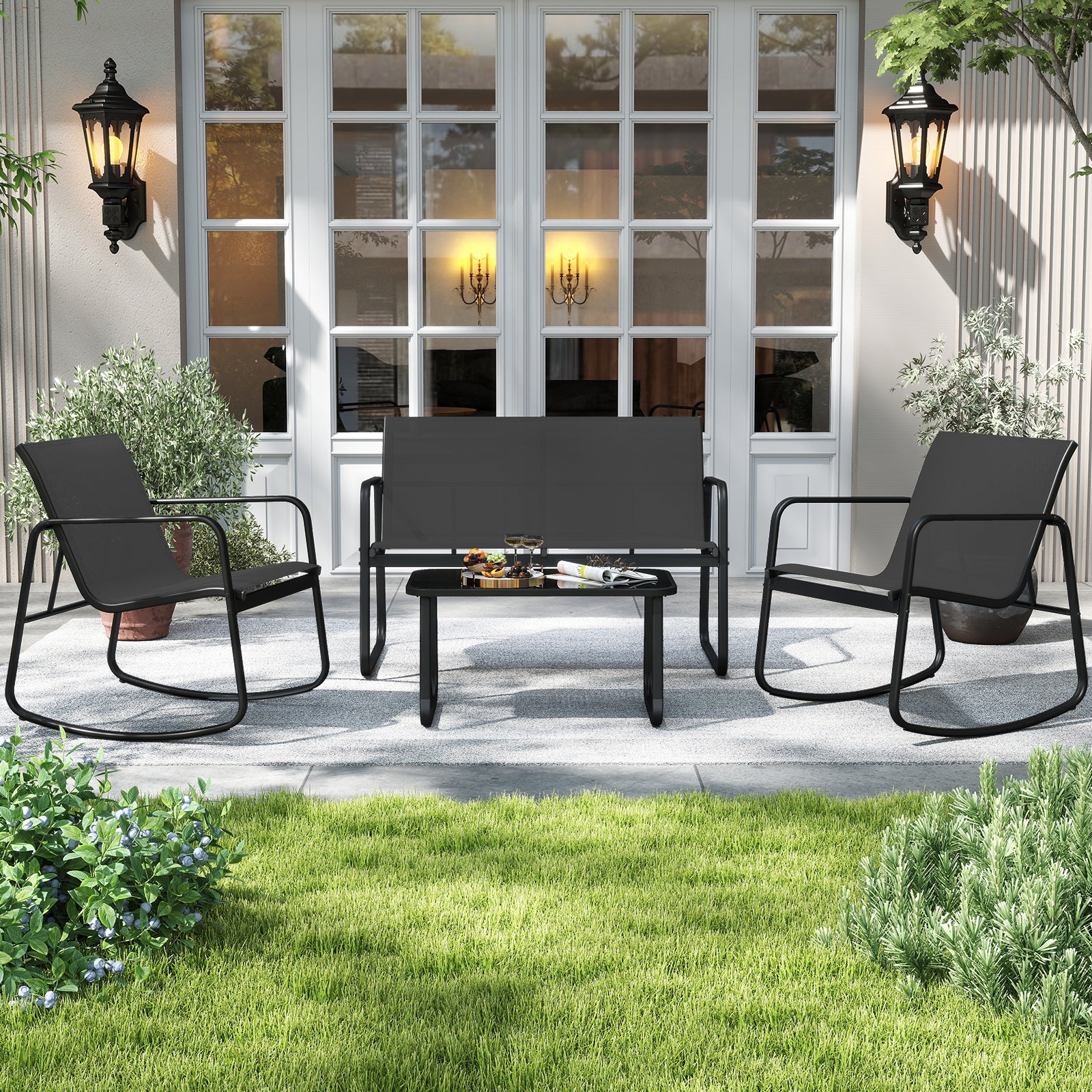 4 PCS Patio Furniture Set Outdoor Rocker Chair Conversation Set, Black Patio Conversation Sets at Gallery Canada