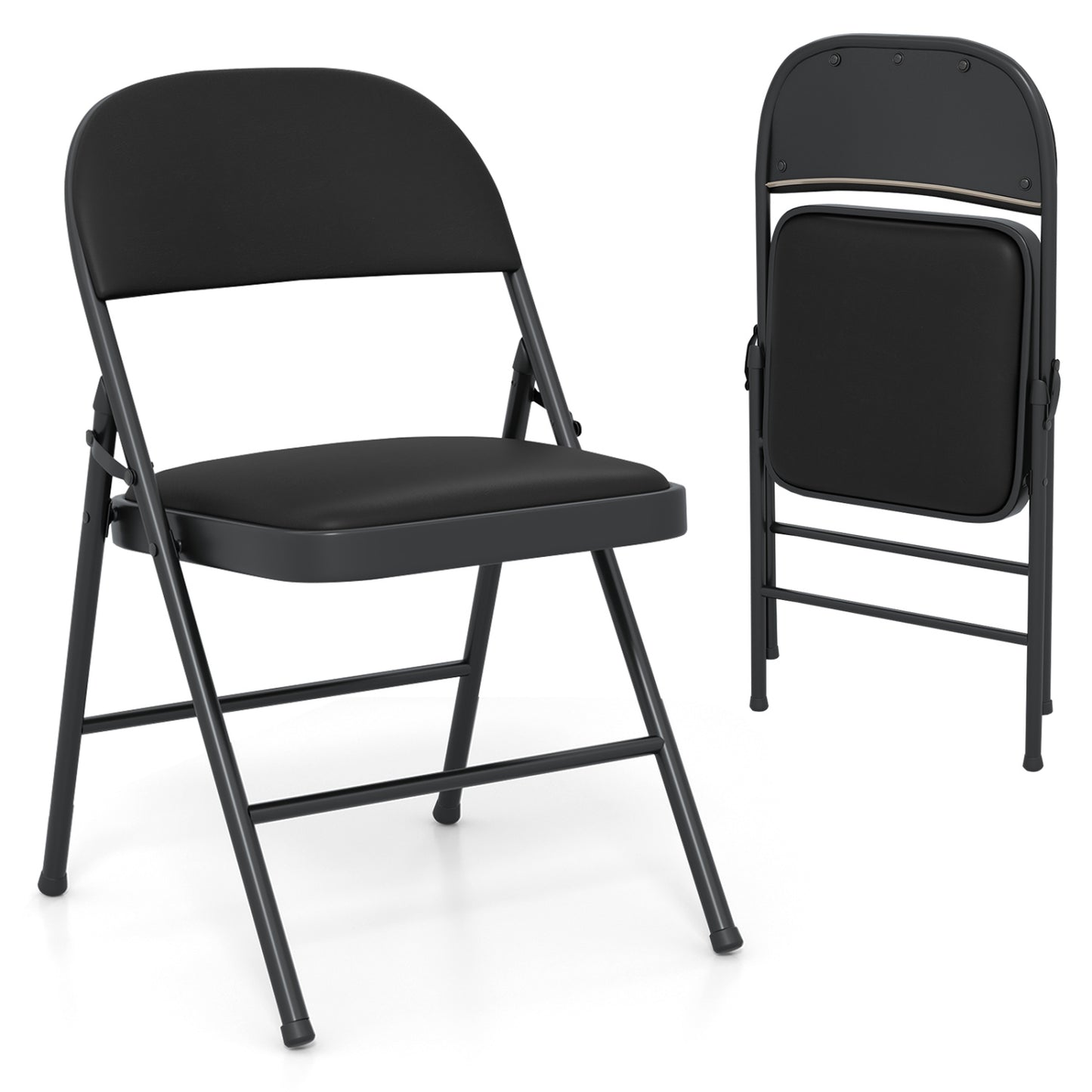 Chaises pliantes, cadre en métal, cuir PVC, lot de 4, noir