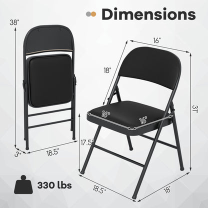 Chaises pliantes, cadre en métal, cuir PVC, lot de 4, noir