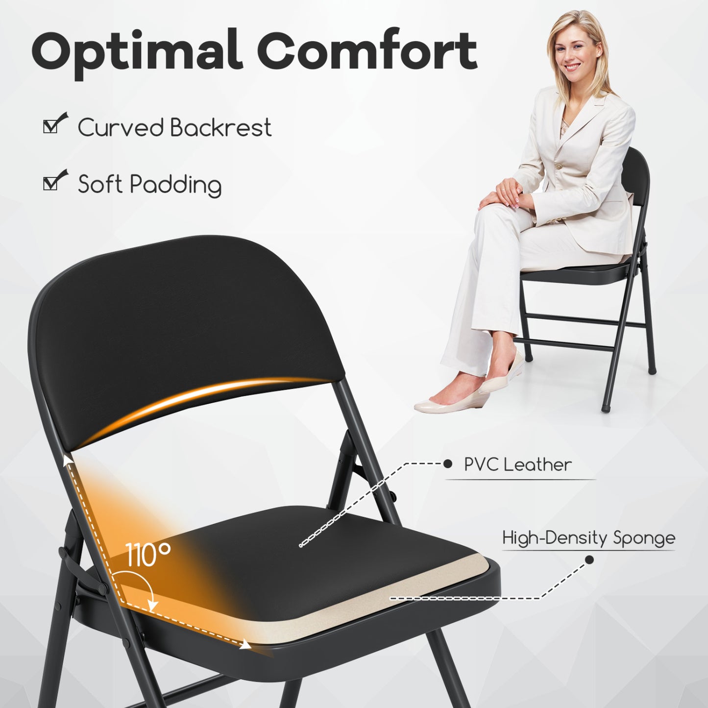 Chaises pliantes, cadre en métal, cuir PVC, lot de 4, noir