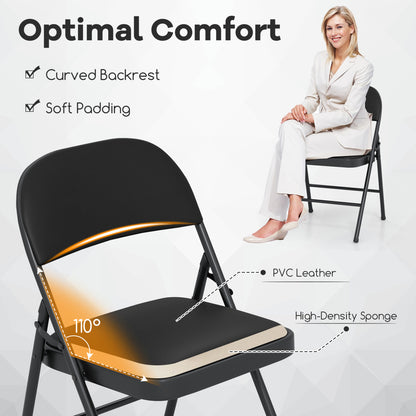 Chaises pliantes, cadre en métal, cuir PVC, lot de 4, noir