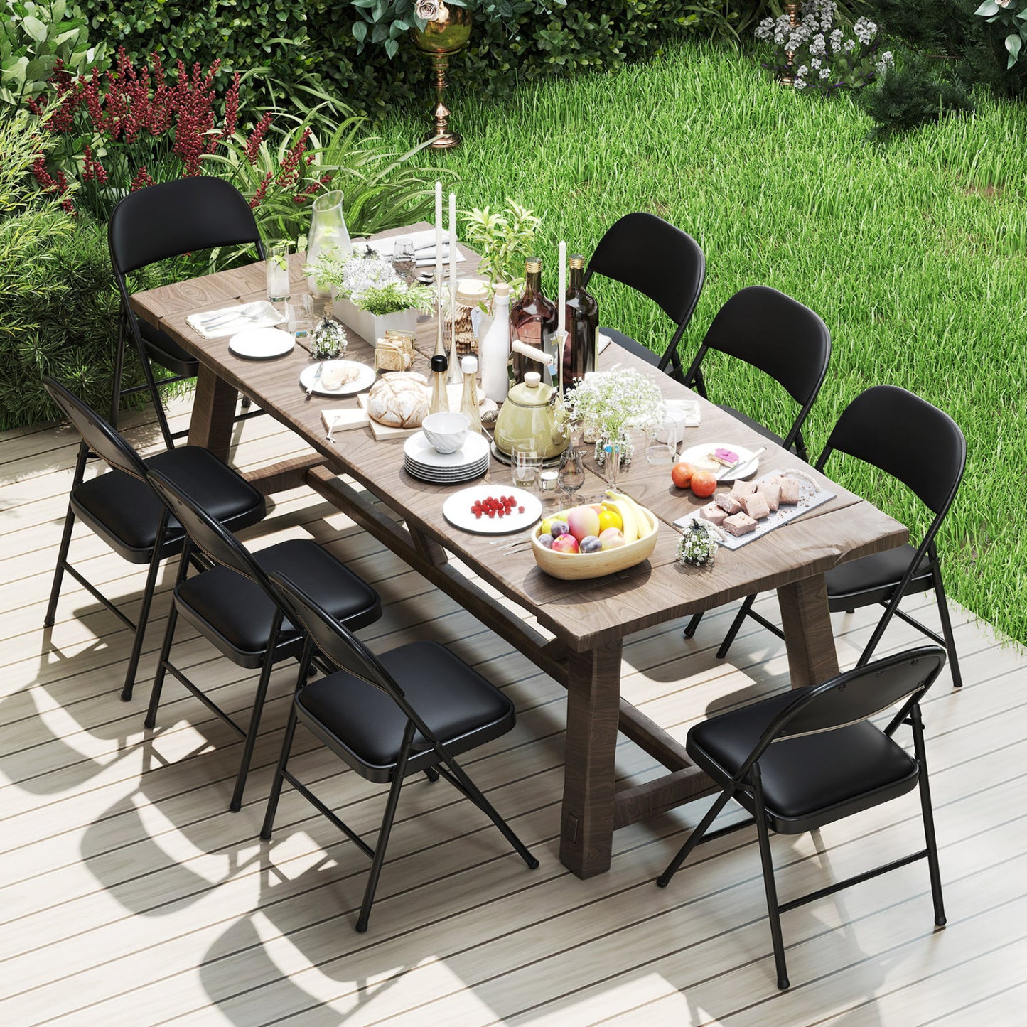Chaises pliantes, cadre en métal, cuir PVC, lot de 4, noir