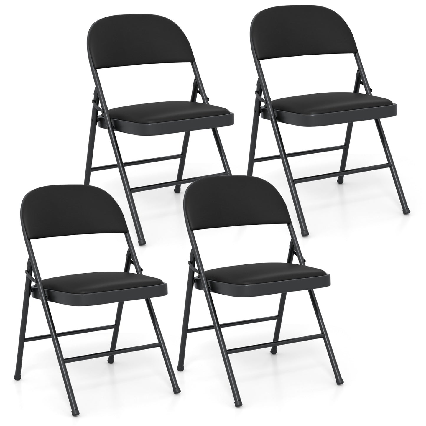 Chaises pliantes, cadre en métal, cuir PVC, lot de 4, noir