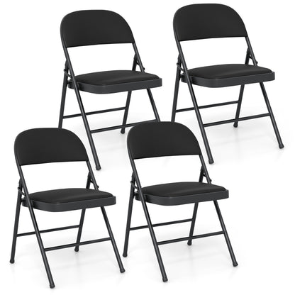 Chaises pliantes, cadre en métal, cuir PVC, lot de 4, noir
