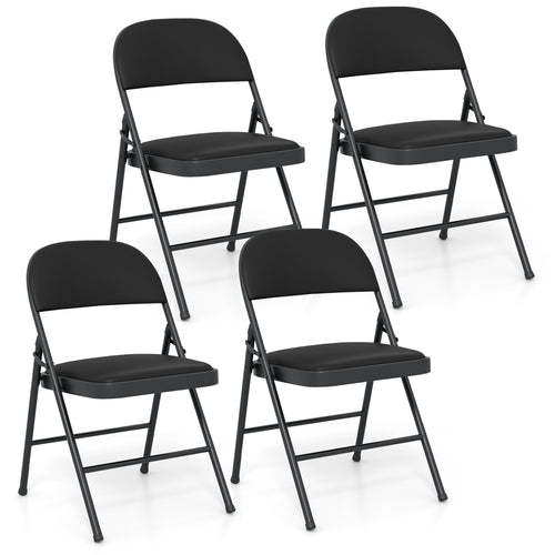 Folding Chairs, Metal Frame, PVC Leather, 4 Pack, Black