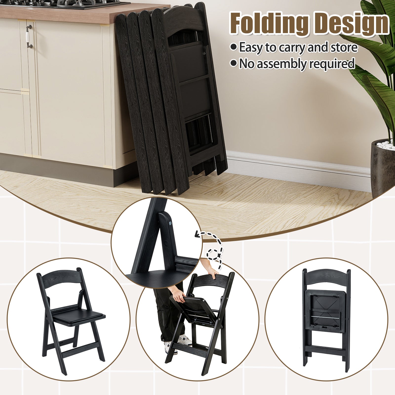 4 Pack Resin Folding Chairs with Padded Seat, Black Dining Chairs at Gallery Canada
