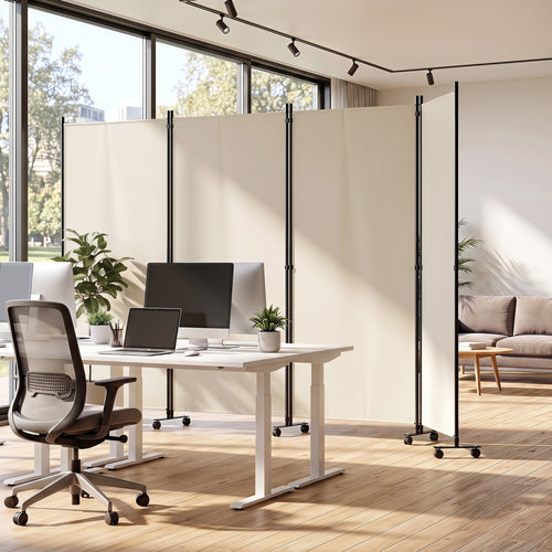 Four Panel Folding Privacy Screen, with Wheels, White
