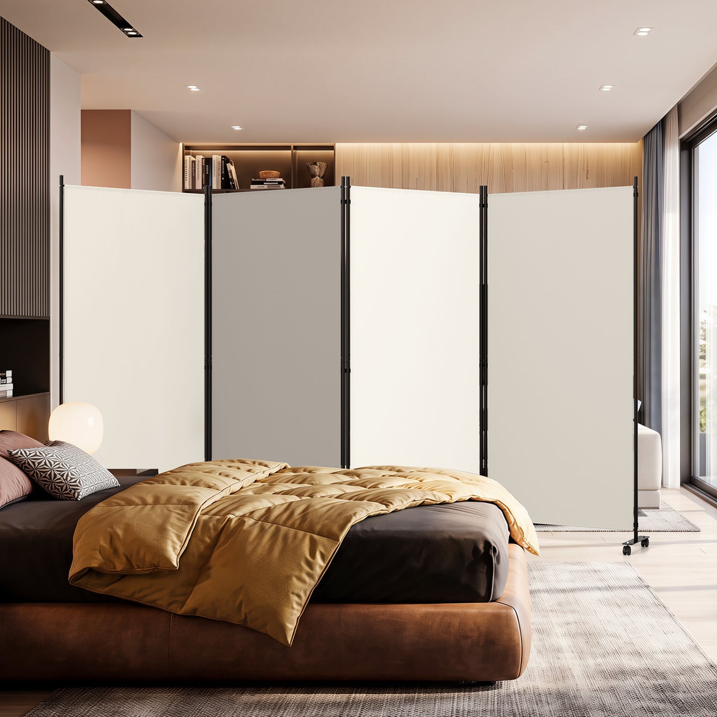 Four Panel Folding Privacy Screen, with Wheels, White
