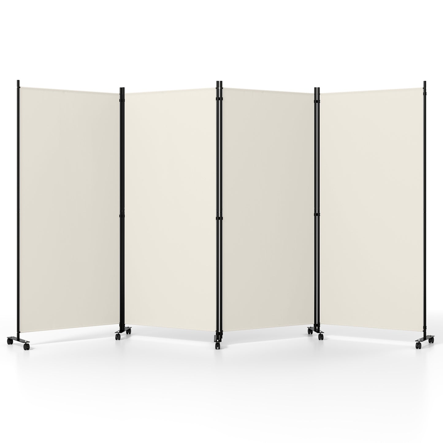 Four Panel Folding Privacy Screen, with Wheels, White