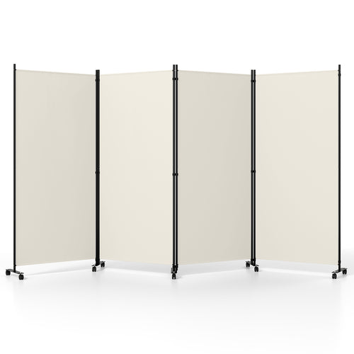 Four Panel Folding Privacy Screen, with Wheels, White