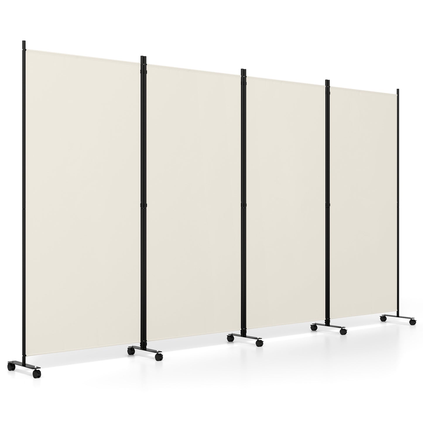 Four Panel Folding Privacy Screen, with Wheels, White