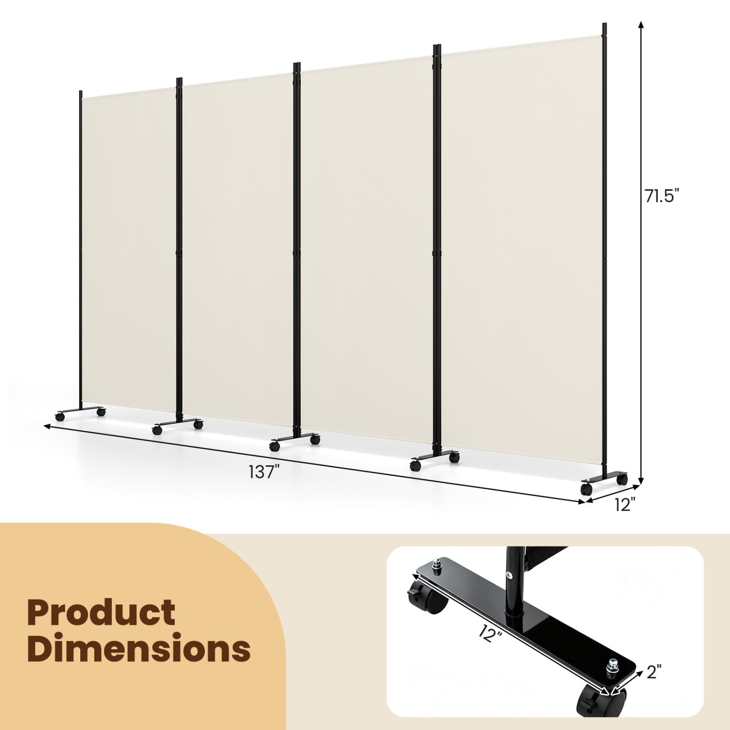 Four Panel Folding Privacy Screen, with Wheels, White