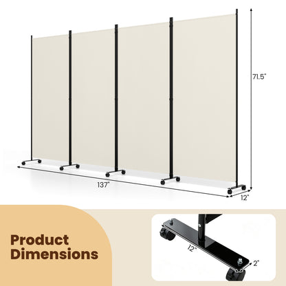 Four Panel Folding Privacy Screen, with Wheels, White