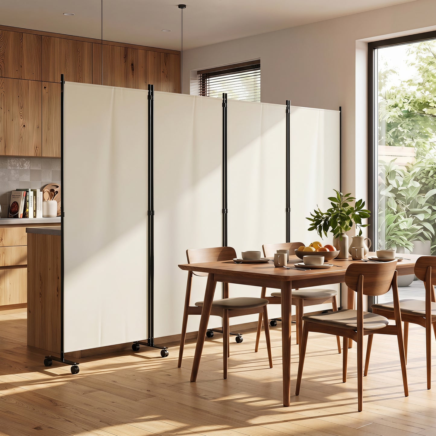 Four Panel Folding Privacy Screen, with Wheels, White