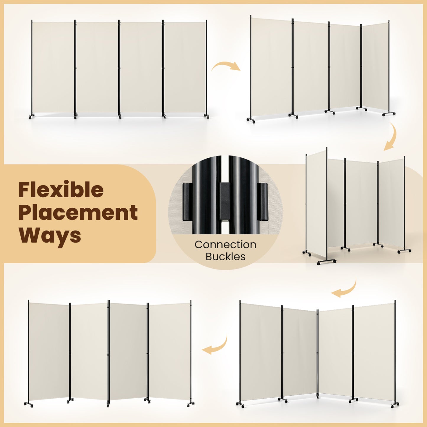 Four Panel Folding Privacy Screen, with Wheels, White