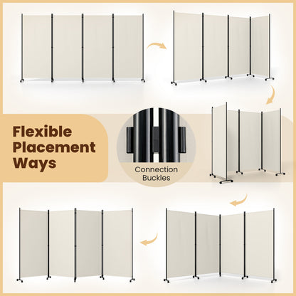 Four Panel Folding Privacy Screen, with Wheels, White