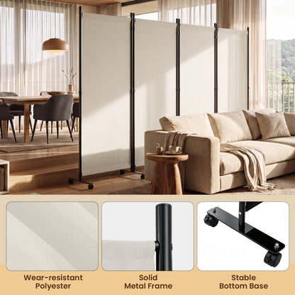 Four Panel Folding Privacy Screen, with Wheels, White