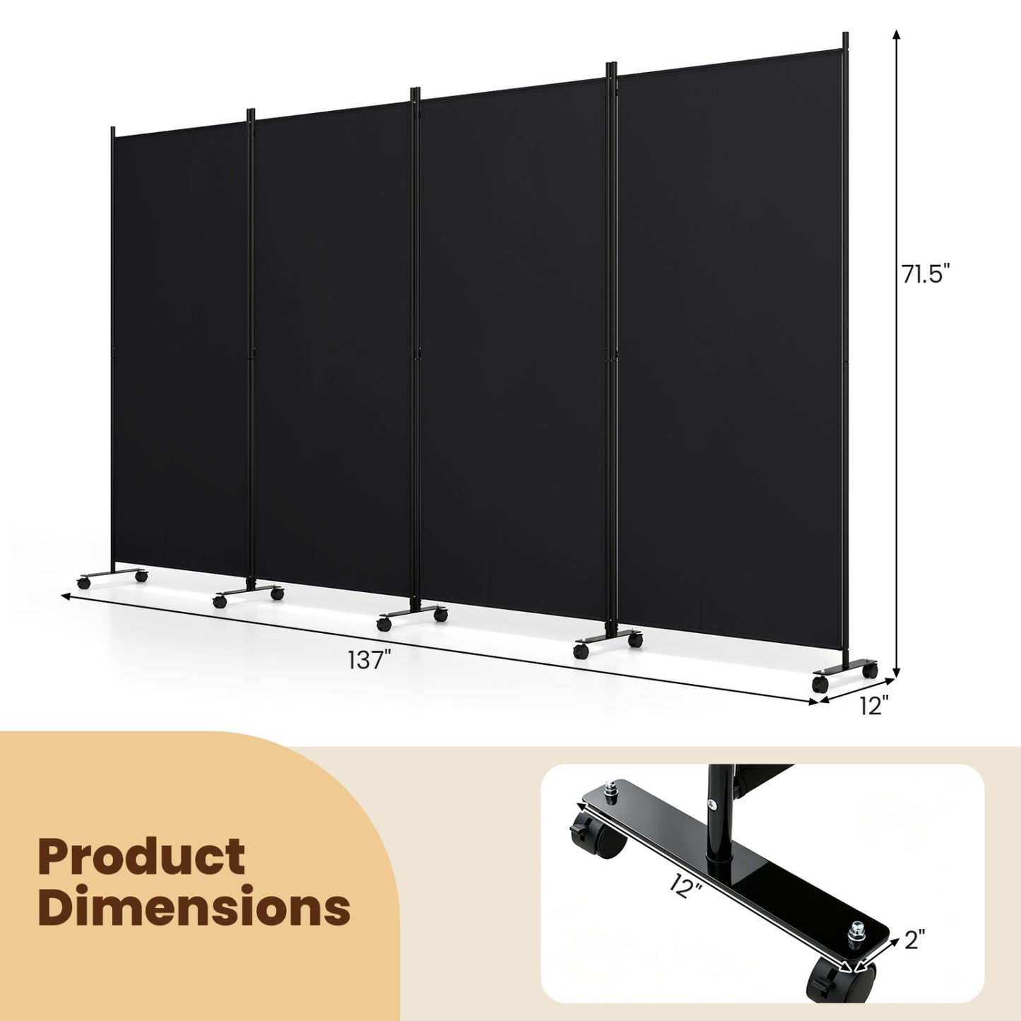 4 Panel Folding Privacy Screen Divider, Black