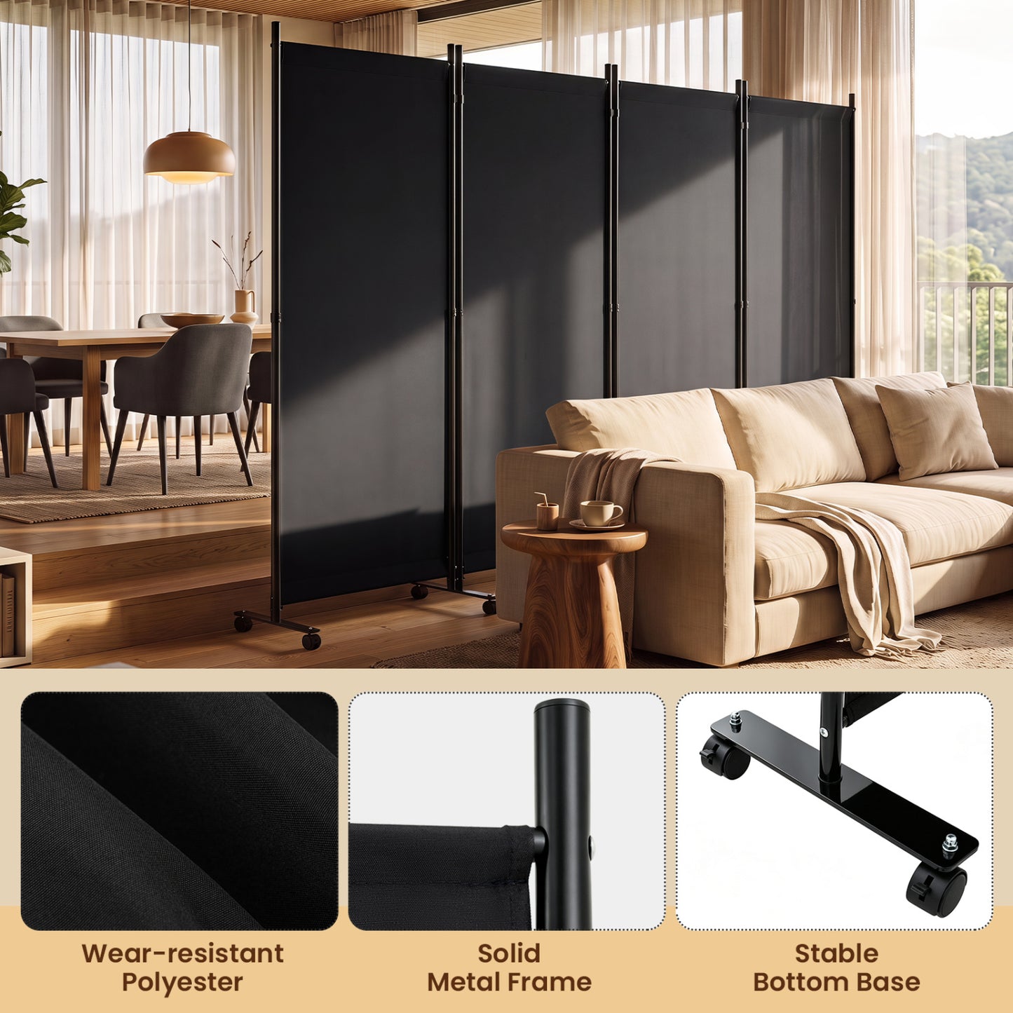 4 Panel Folding Privacy Screen Divider, Black