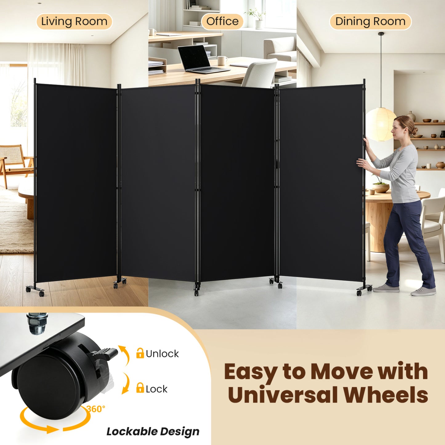 4 Panel Folding Privacy Screen Divider, Black
