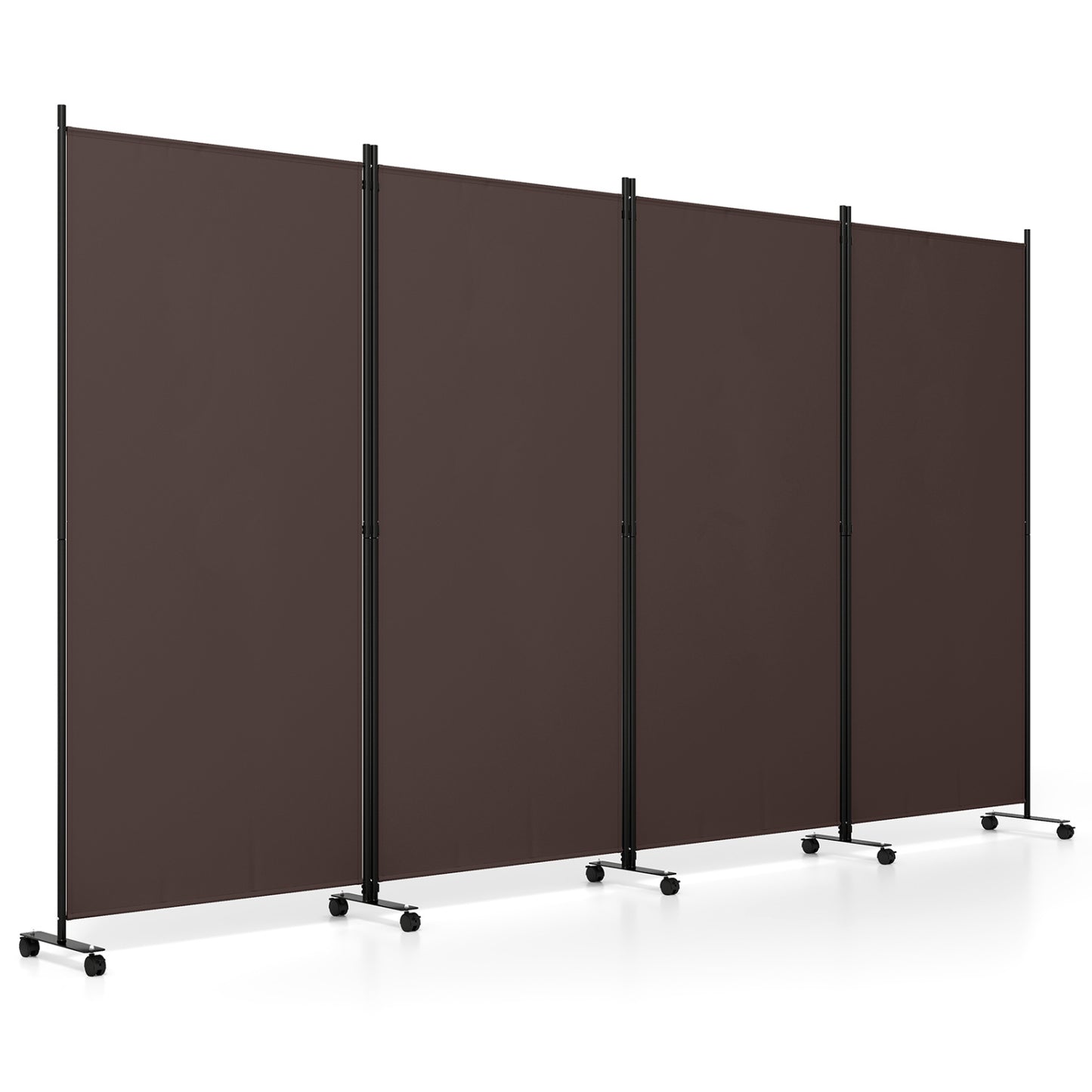 Paravent pliant à 4 panneaux pour séparateur de pièce, roulettes, marron