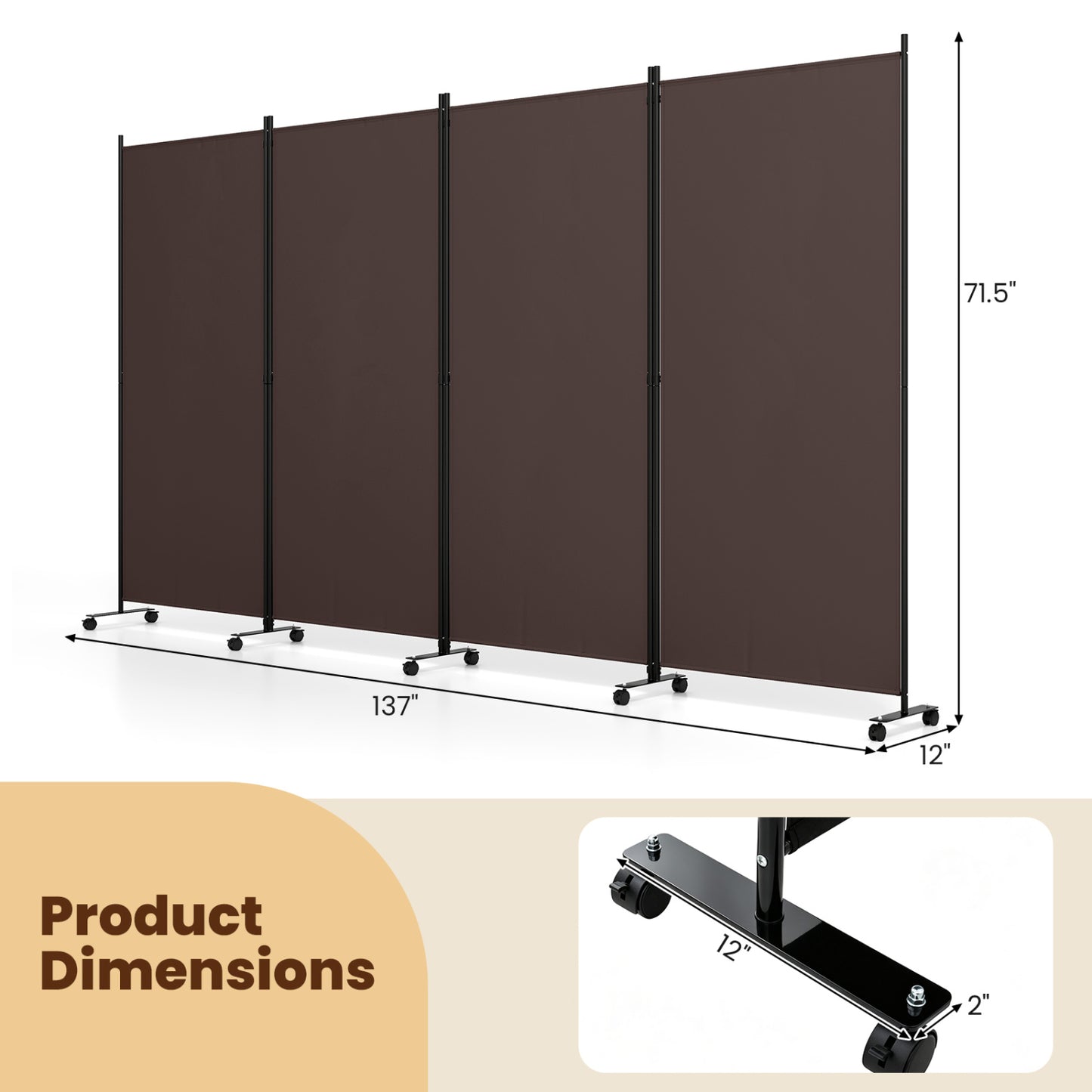 Paravent pliant à 4 panneaux pour séparateur de pièce, roulettes, marron