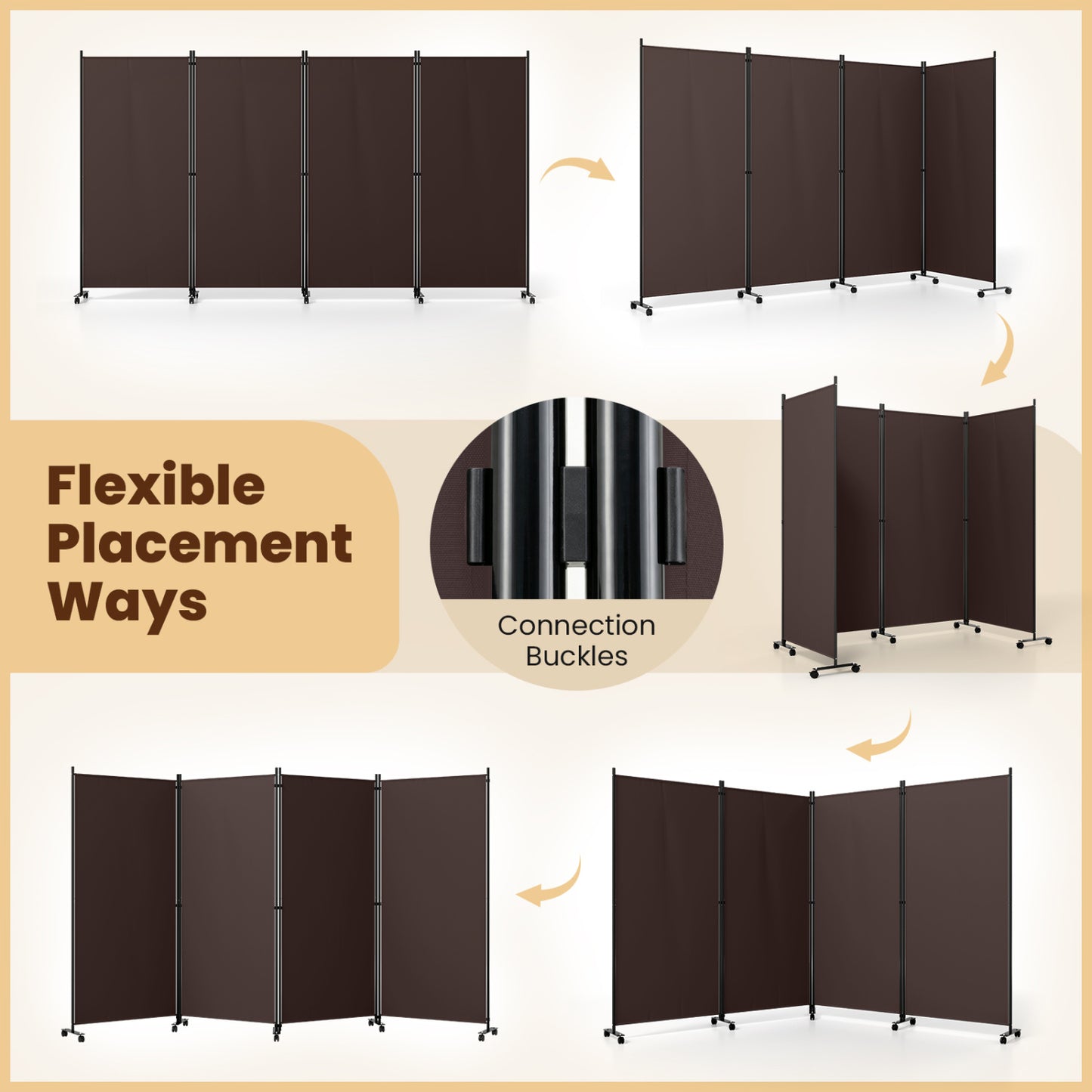 Paravent pliant à 4 panneaux pour séparateur de pièce, roulettes, marron