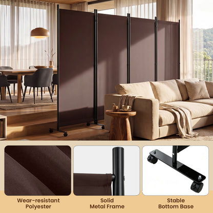 Paravent pliant à 4 panneaux pour séparateur de pièce, roulettes, marron