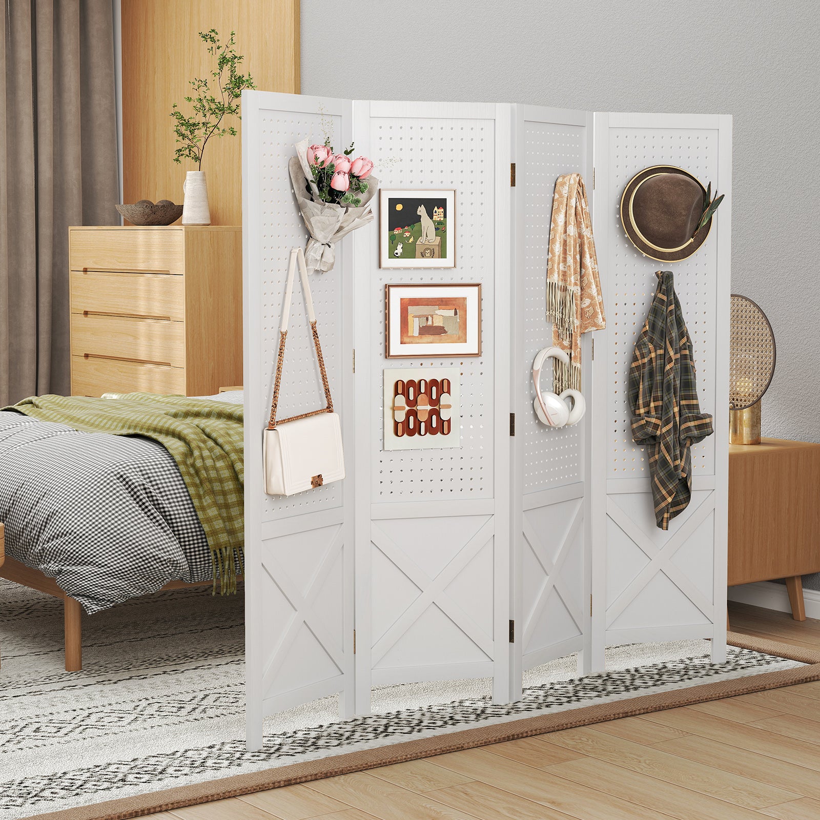 4-Panel Pegboard Display Stand Folding Room Divider with Solid Wood Frame, White Room Dividers at Gallery Canada