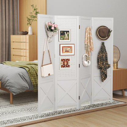 4-Panel Pegboard Display Stand Folding Room Divider with Solid Wood Frame, White Room Dividers at Gallery Canada