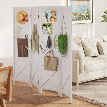 4-Panel Pegboard Display Stand Folding Room Divider with Solid Wood Frame, White Room Dividers at Gallery Canada