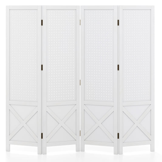 4-Panel Pegboard Display Stand Folding Room Divider with Solid Wood Frame, White Room Dividers White at Gallery Canada