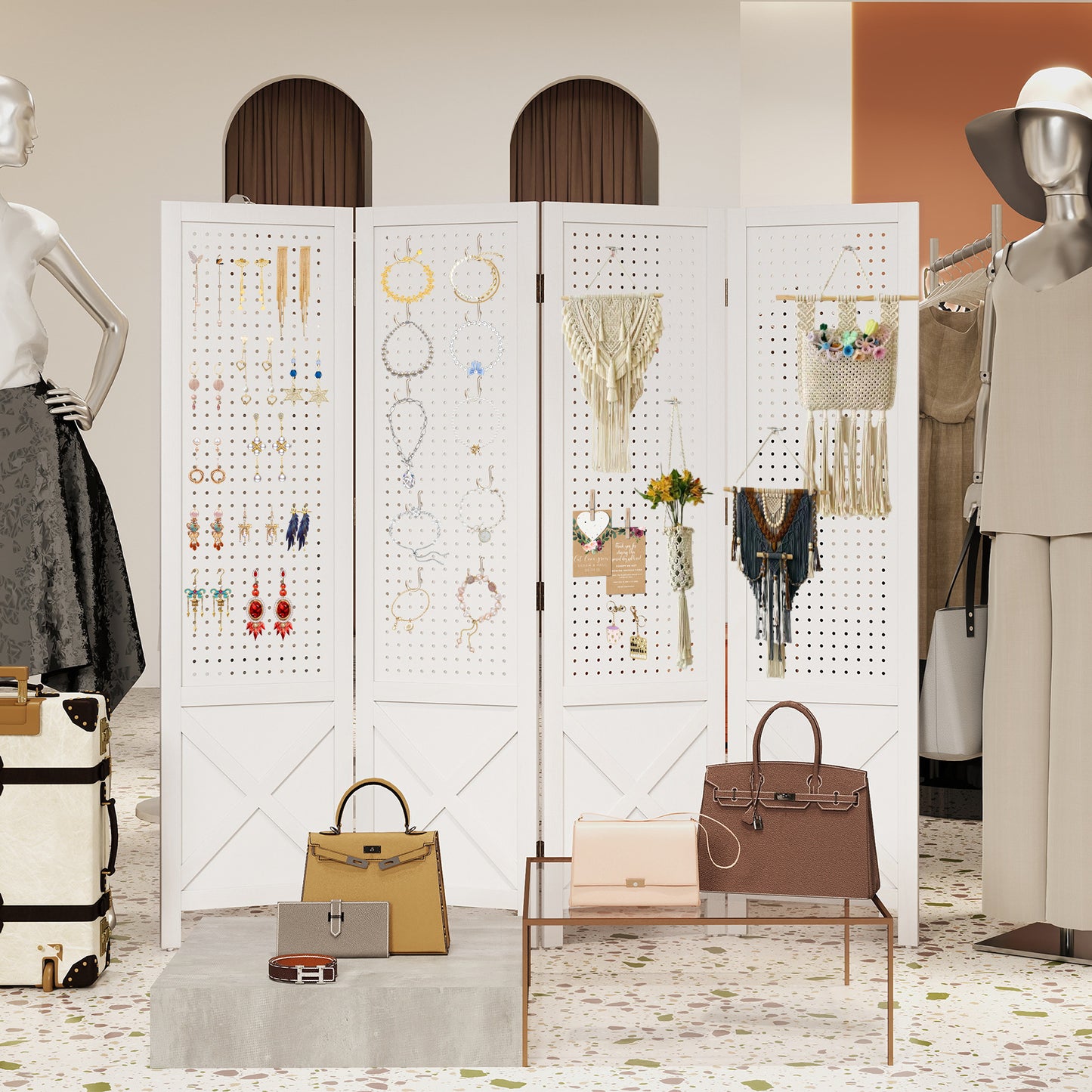 4-Panel Pegboard Display Stand Folding Room Divider with Solid Wood Frame, White Room Dividers at Gallery Canada