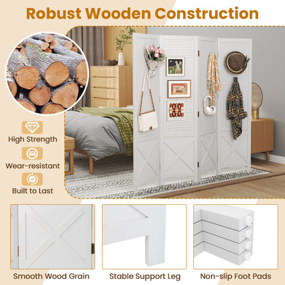 4-Panel Pegboard Display Stand Folding Room Divider with Solid Wood Frame, White Room Dividers at Gallery Canada