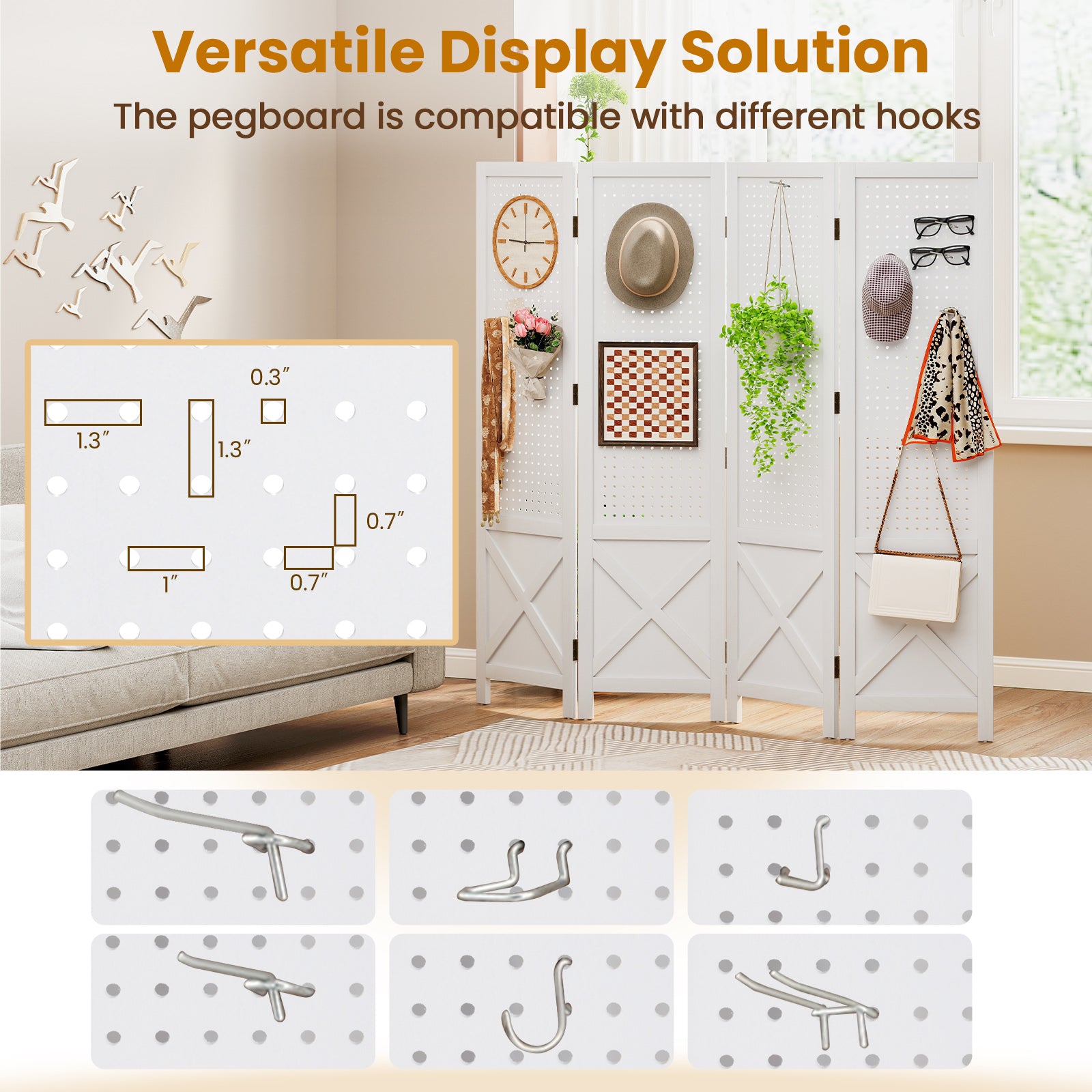 4-Panel Pegboard Display Stand Folding Room Divider with Solid Wood Frame, White Room Dividers at Gallery Canada