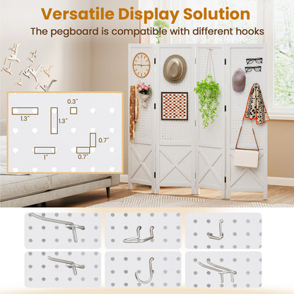 4-Panel Pegboard Display Stand Folding Room Divider with Solid Wood Frame, White Room Dividers at Gallery Canada