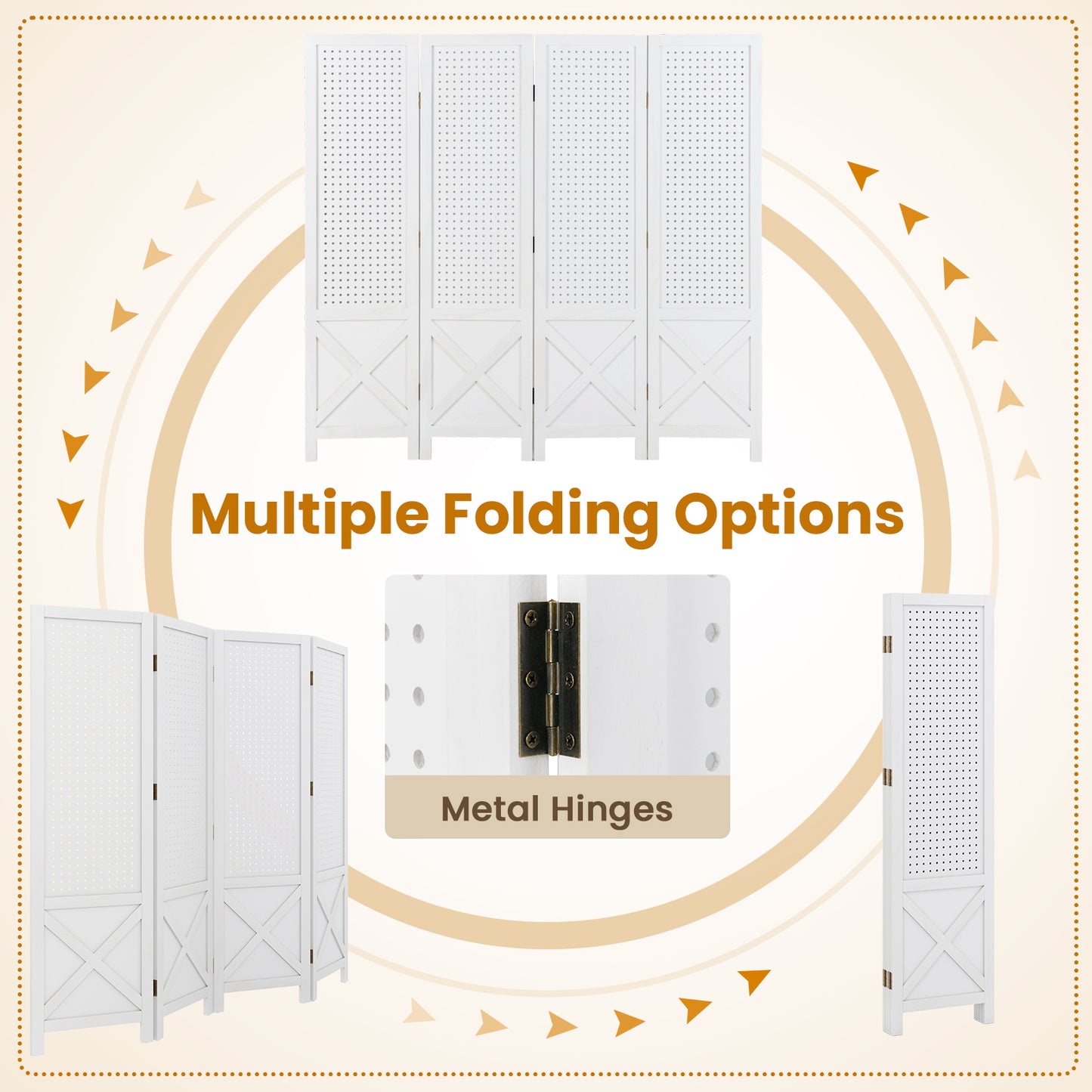 4-Panel Pegboard Display Stand Folding Room Divider with Solid Wood Frame, White Room Dividers at Gallery Canada