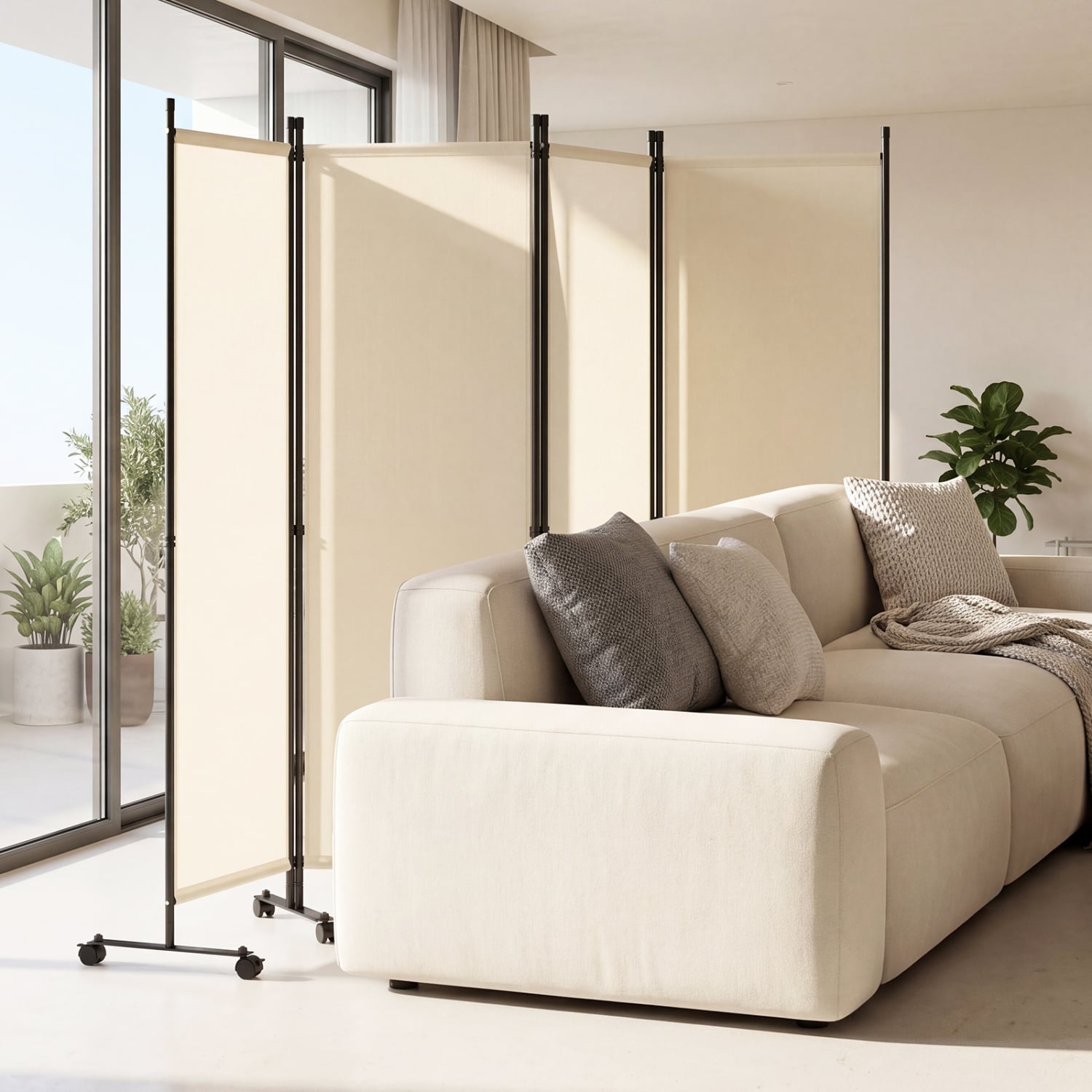 4-Panel Room Divider with Lockable Wheels for Living Room, Beige Room Dividers at Gallery Canada