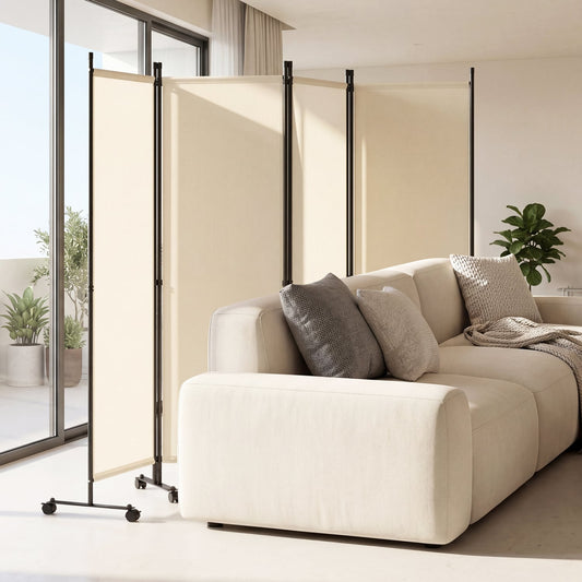 4-Panel Room Divider with Lockable Wheels for Living Room, Beige Room Dividers Beige at Gallery Canada
