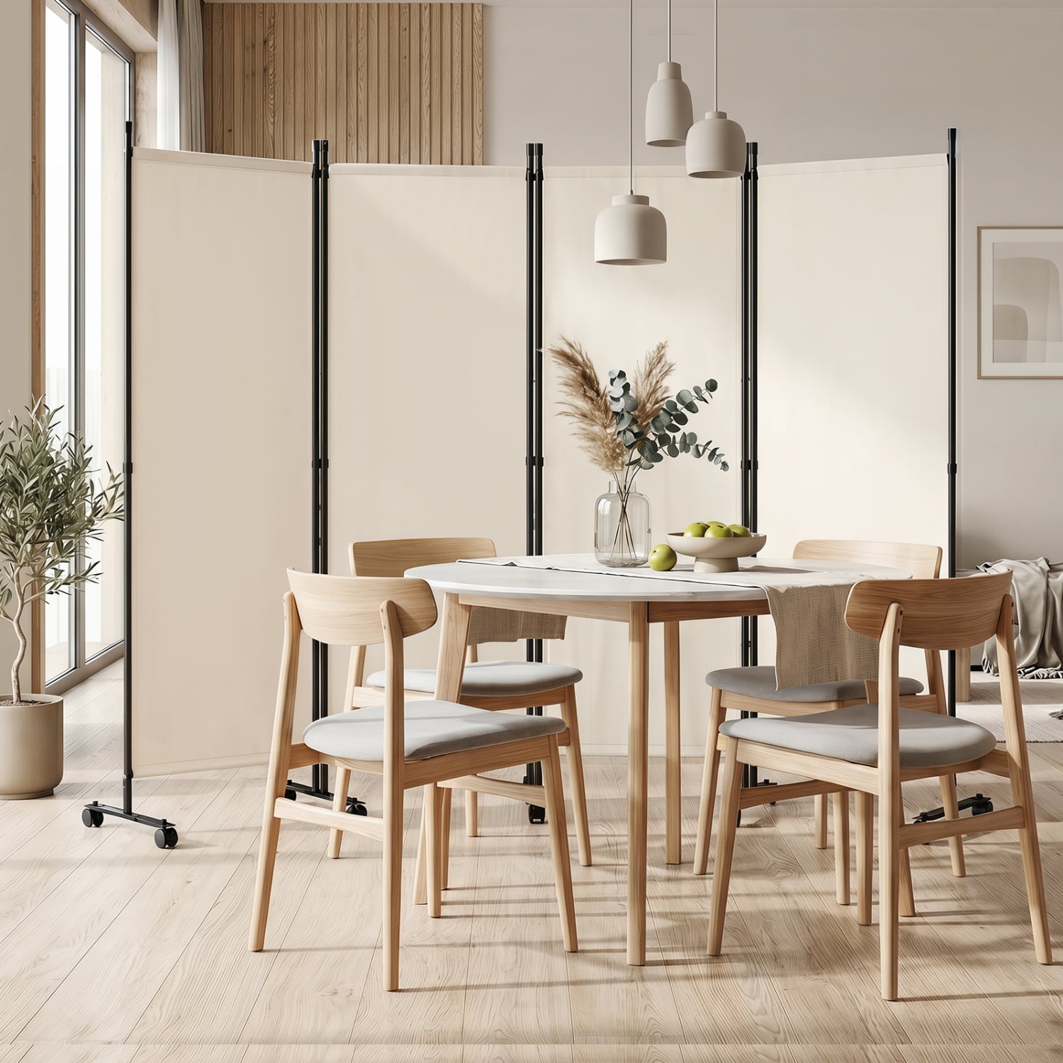 4-Panel Room Divider with Lockable Wheels for Living Room, Beige Room Dividers at Gallery Canada