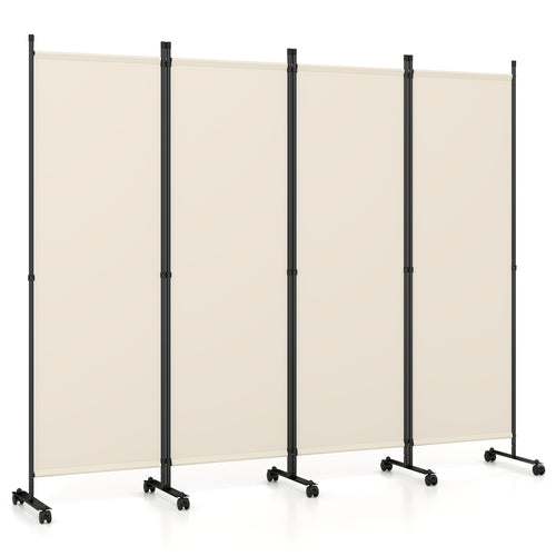 4-Panel Room Divider with Lockable Wheels for Living Room, Beige