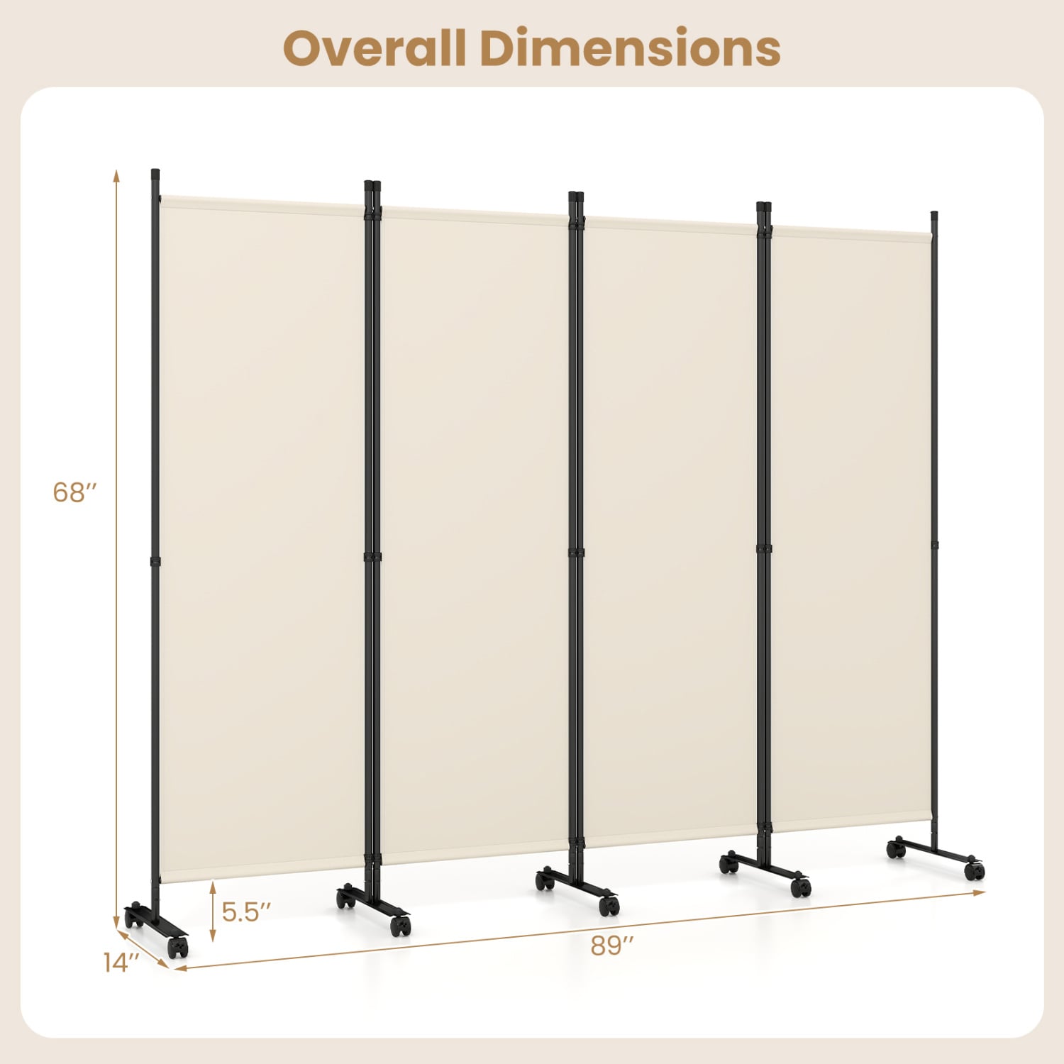 4-Panel Room Divider with Lockable Wheels for Living Room, Beige Room Dividers at Gallery Canada
