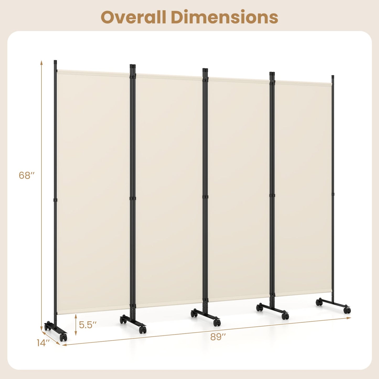 4-Panel Room Divider with Lockable Wheels for Living Room, Beige Room Dividers at Gallery Canada