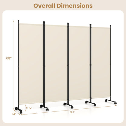 4-Panel Room Divider with Lockable Wheels for Living Room, Beige Room Dividers at Gallery Canada