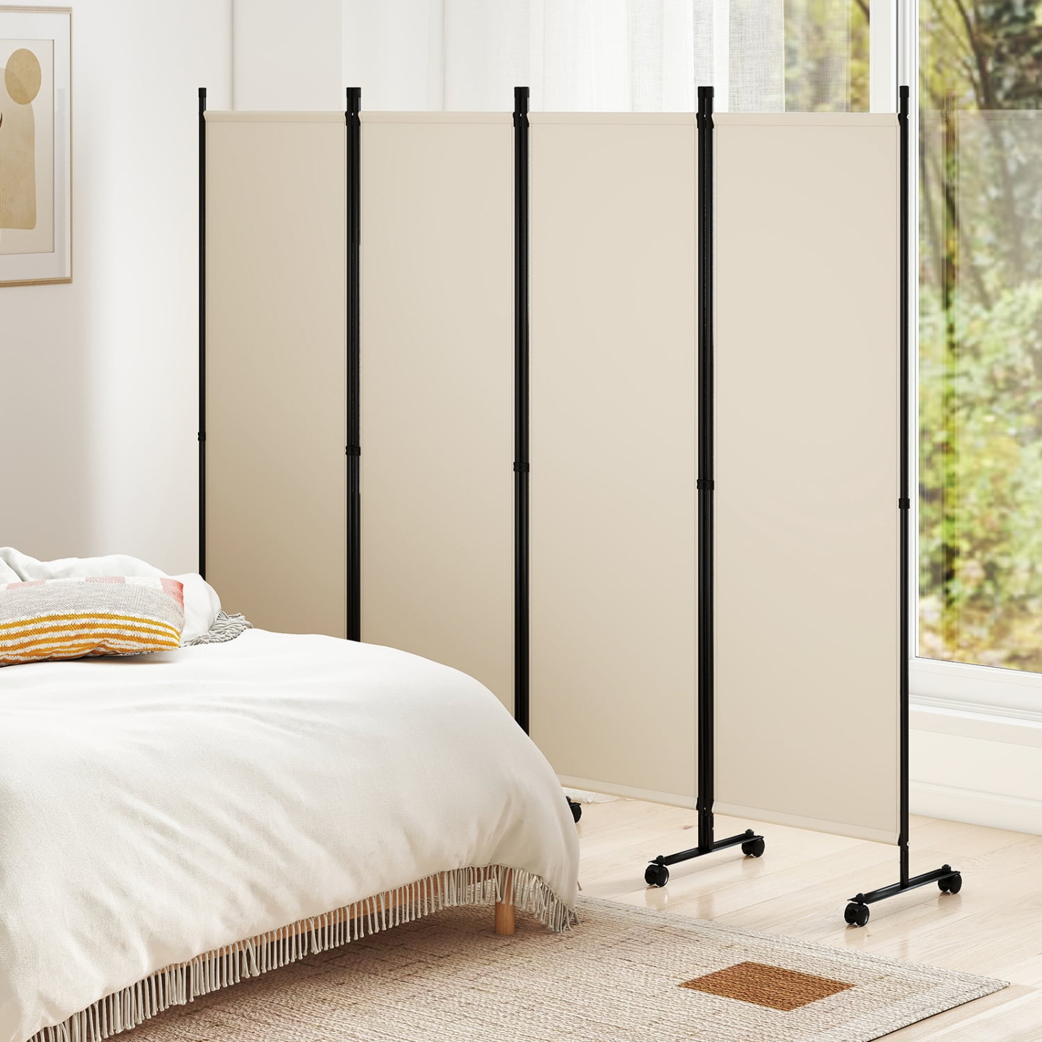 4-Panel Room Divider with Lockable Wheels for Living Room, Beige Room Dividers at Gallery Canada