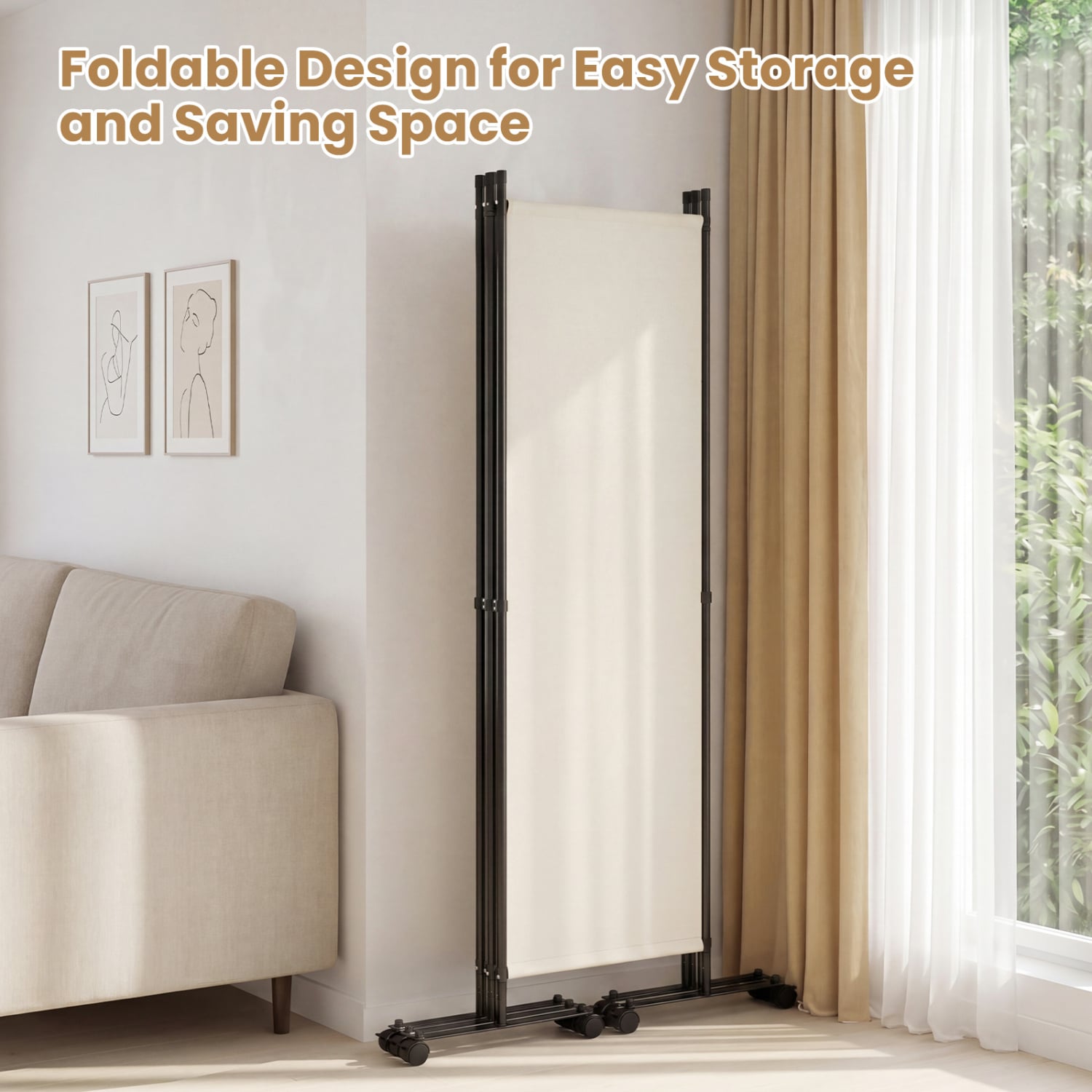 4-Panel Room Divider with Lockable Wheels for Living Room, Beige Room Dividers at Gallery Canada
